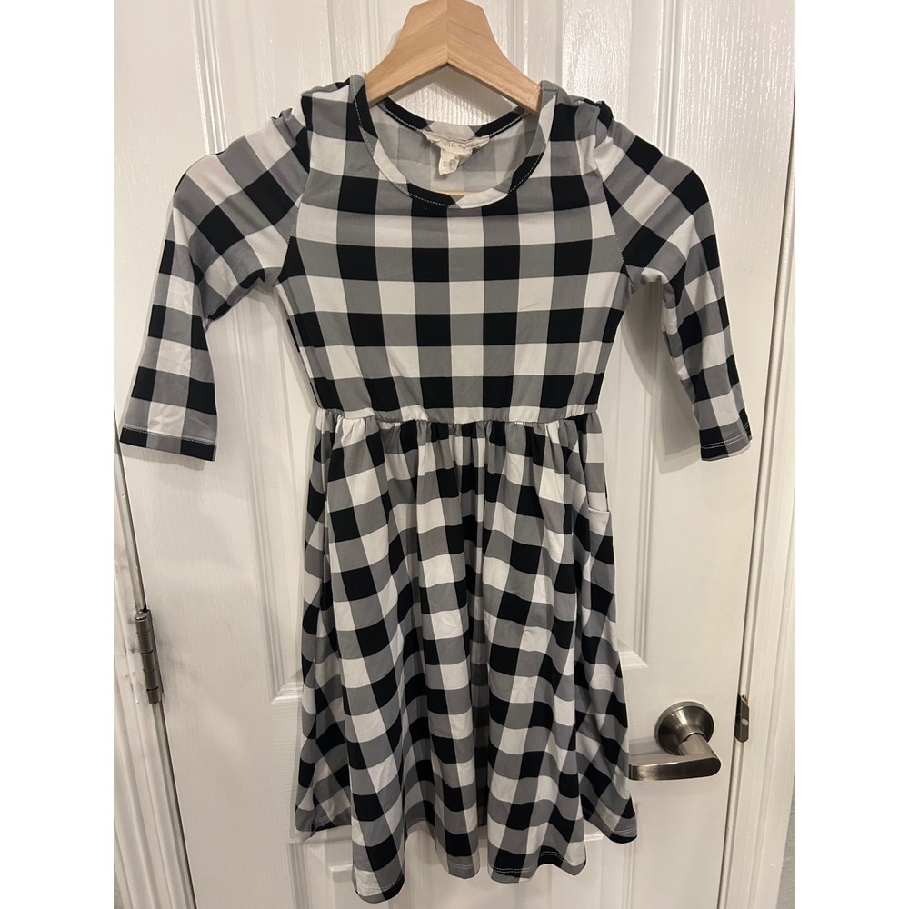 Emma & Ella Girls Black White Buffalo Plaid Long‎ Sleeve Pocket Dress 7 k7155